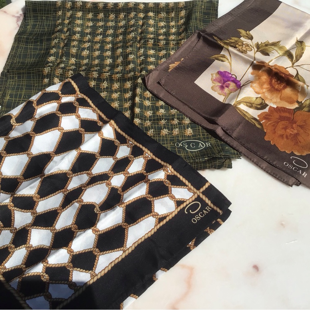 3 vintage signed Oscar de la Renta scarf lot.  Silk and more